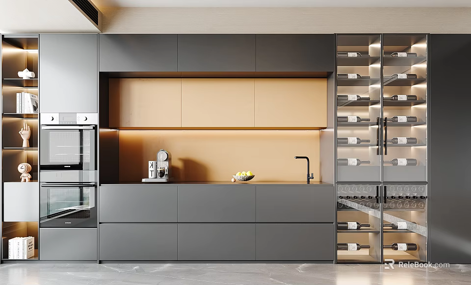 Modern Kitchen Sideboard Design With Beige Gray Cabinets Glass Doors And Built in Lighting 3d model 