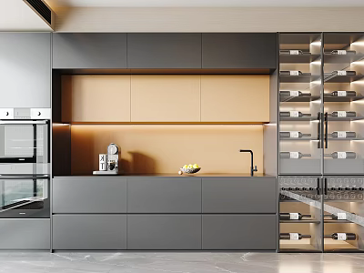 Modern Kitchen Sideboard Design With Beige Gray Cabinets Glass Doors And Built in Lighting 3d model