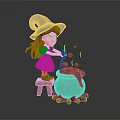 Cute Witch Girl Stirring Green Potion In Cauldron With Burning Firewood And Bubbles