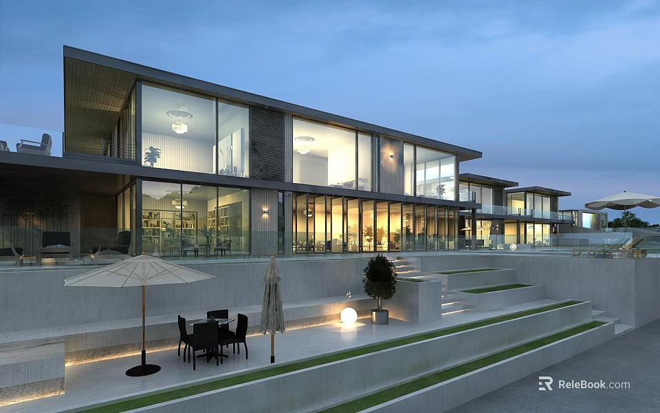 Modern Detached Villa with Large Glass Windows Outdoor Terrace Garden Lighting and Landscaped Steps 3d model 