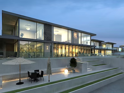 Modern Detached Villa with Large Glass Windows Outdoor Terrace Garden Lighting and Landscaped Steps 3d model