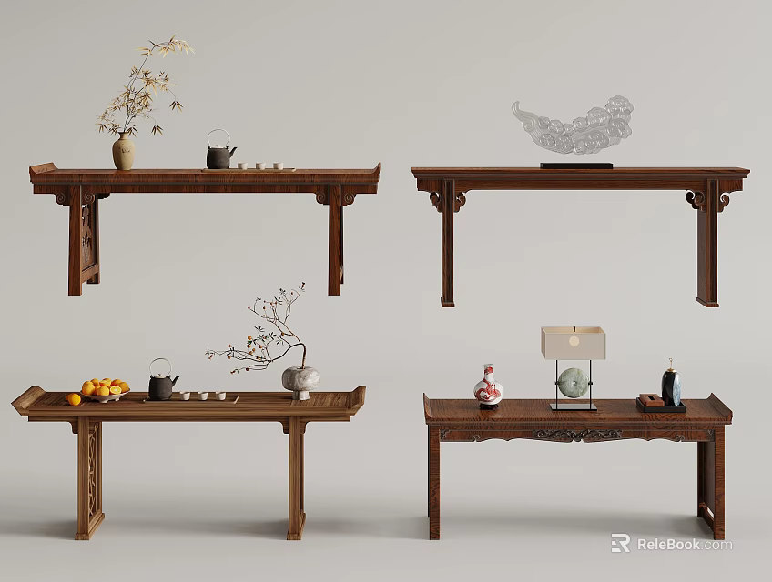 Wooden Console Tables Displaying Decorative Vases Fruit Tea Sets And Ornaments 3d model