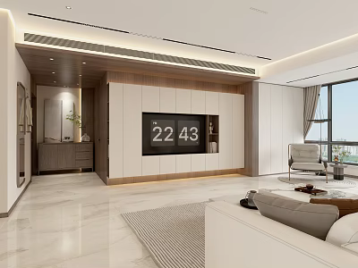 Modern Living and Dining Room With TV Wall Light Sofa And Floor to Ceiling Windows 3d model