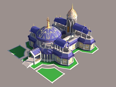 Cartoon Scene of Magical Castle with Blue Gold Domes Multiple Towers Green Lawns and Steps 3d model