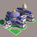 Cartoon Scene of Magical Castle with Blue Gold Domes Multiple Towers Green Lawns and Steps