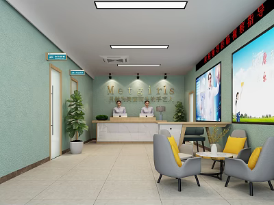 Modern Reception Area With Green Walls Potted Plant Sofa Chairs And Screens 3d model