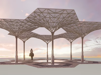 Modern Garden Landscape With Hexagonal Shading Structures Sunset And Human Figure 3d model