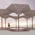 Modern Garden Landscape With Hexagonal Shading Structures Sunset And Human Figure 3d model