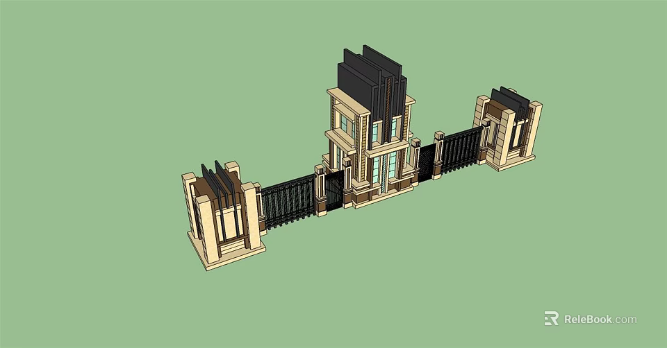 Building Facade With Symmetrical Columns Black Metal Gate And Decorative Top 3d model 