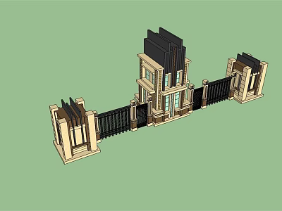 Building Facade With Symmetrical Columns Black Metal Gate And Decorative Top 3d model