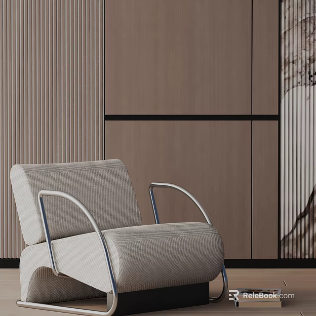 Modern Dining Chair With Light Gray Upholstered Fabric And Metal Frame By Wooden Panel Wall 3d model 