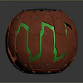 Spherical Red Weapon With Green Glowing Sections And Metallic Texture Featuring Rivets And Tactical Features