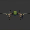 Green And Blue Spacecraft With Wing Structure And Multiple Engines For Cosmic Exploration