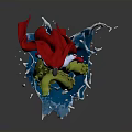 Detailed Red Cape Figure Standing On Green Dragon Base With Blue Water Splashes