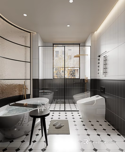 Modern Bathroom Interior With Freestanding Bathtub Glass Shower Partition And Toilet Black And White Tiles 3d model 