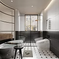 Modern Bathroom Interior With Freestanding Bathtub Glass Shower Partition And Toilet Black And White Tiles