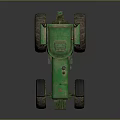 Green Tractor With Large Wheels And Yellow Rims On Reflective Surface