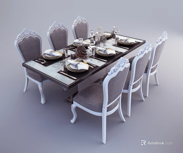 Elegant Classic Dining Table Set With Carved Chairs And Tableware Place Settings 3d model 