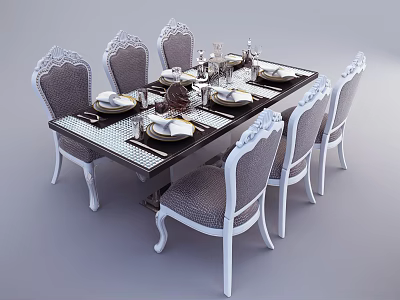 Elegant Classic Dining Table Set With Carved Chairs And Tableware Place Settings 3d model