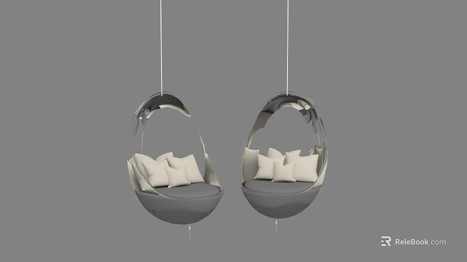 Two Modern Hanging Swing Chairs With Egg Shaped Design And White Cushions 3d model 