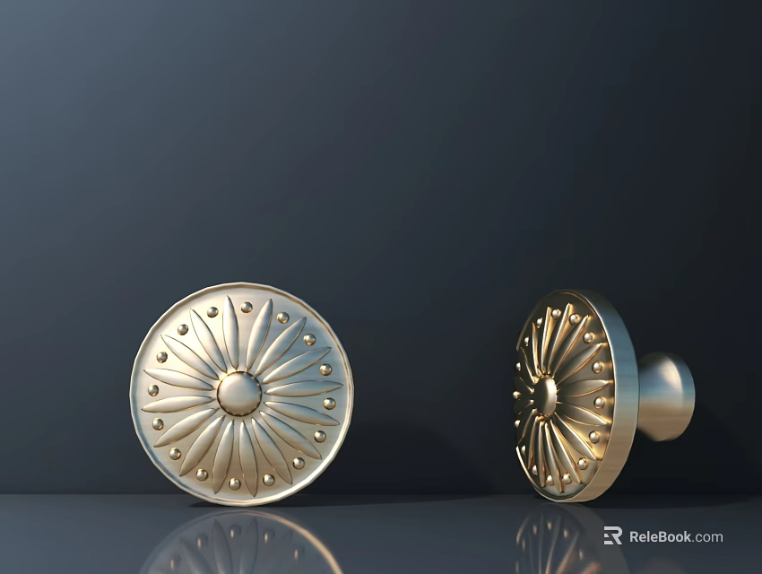 Commercial Equipment Metal Round Knobs With Decorative Sunburst Pattern And Rivet Details 3d model 