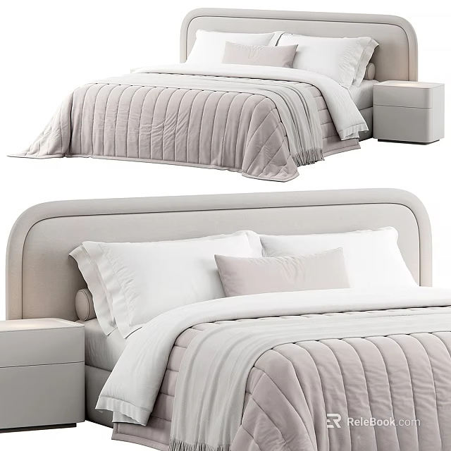 Modern Cozy Double Bed With Upholstered Headboard Light Colored Striped Quilt And Pillows 3d model 