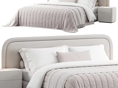 Modern Cozy Double Bed With Upholstered Headboard Light Colored Striped Quilt And Pillows 3d model