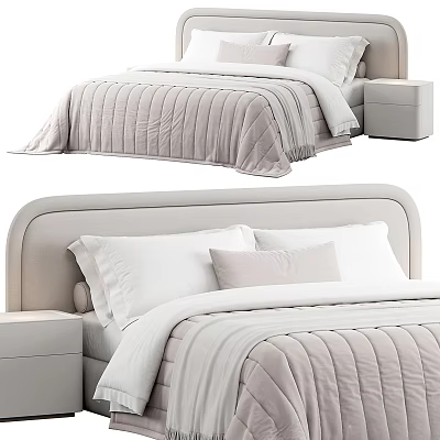 Modern Cozy Double Bed With Upholstered Headboard Light Colored Striped Quilt And Pillows 3d model