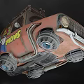Old Red Car With Suitcases On Roof And Cartoon Graffiti MOVES Lettering