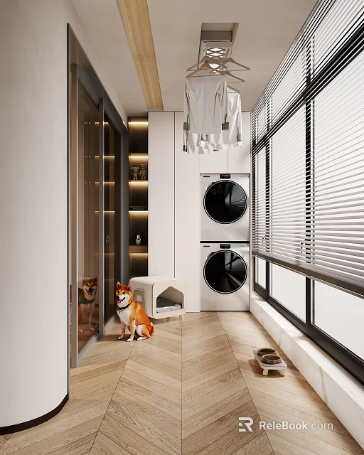 Modern Home Balcony With Stacked Washer Dryer Blinds Wooden Floor Dogs Dog Bed Storage Cabinets 3d model 