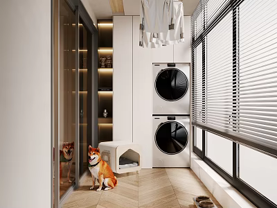 Modern Home Balcony With Stacked Washer Dryer Blinds Wooden Floor Dogs Dog Bed Storage Cabinets 3d model