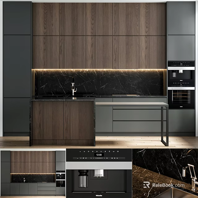 Modern Kitchen Design With Wooden Cabinets Marble Backsplash And Built in Appliances 3d model 