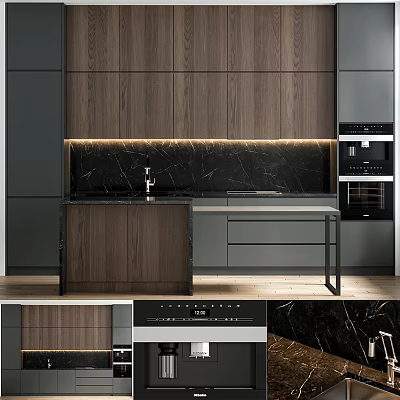 Modern Kitchen Design With Wooden Cabinets Marble Backsplash And Built in Appliances 3d model
