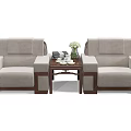 Light Gray Single Sofas with Wooden Frame and Side Table Featuring Vase Flowers and Cups 3d model