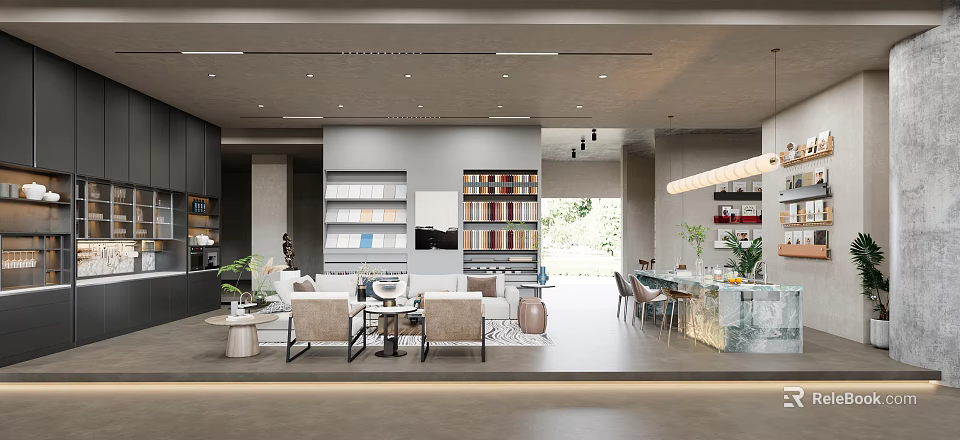 Modern Office Interior With Open Layout Gray Tones Bookshelves Sofas Bar Counter And Green Plants 3d model 