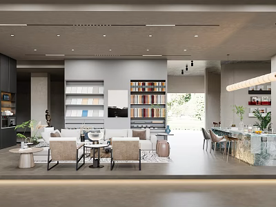 Modern Office Interior With Open Layout Gray Tones Bookshelves Sofas Bar Counter And Green Plants 3d model