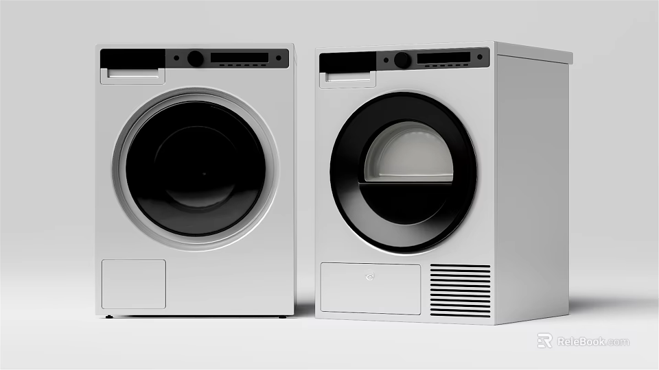 Two White Front Loading Washing Machines With Black Doors And Modern Design 3d model