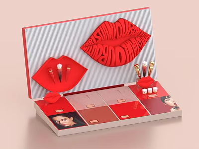 Red Lip Shaped Cosmetic Display Stand With Multiple Shade Lipsticks And Model 3d model