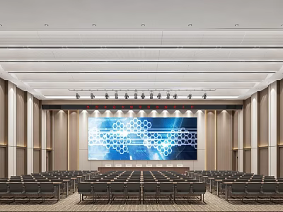 Spacious Modern Conference Room With Rows Of Chairs Large LED Screen And Blue Tech Pattern 3d model