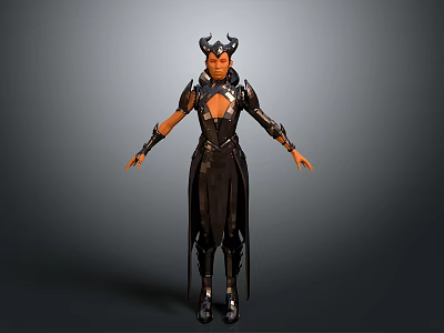 Fantasy Female 3D Character Model With Horns Black Armor And Robe 3d model