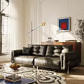Modern Black Leather Sofa and Coffee Table Set with Floor Lamp and Wall Art