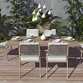 Outdoor Dining Table Set With Woven Chairs Hanging Lights And Green Plants On Wooden Deck
