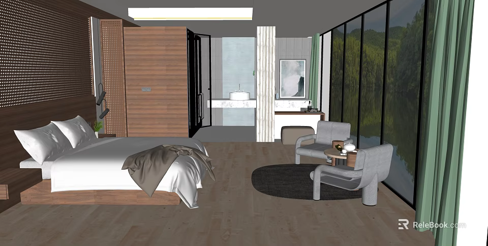 Modern Hotel Room Interior With Comfortable Bed Armchairs And Scenic Mountain View 3d model 
