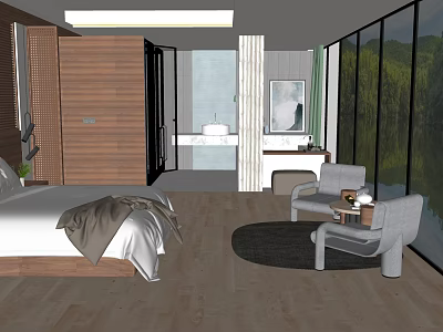 Modern Hotel Room Interior With Comfortable Bed Armchairs And Scenic Mountain View 3d model