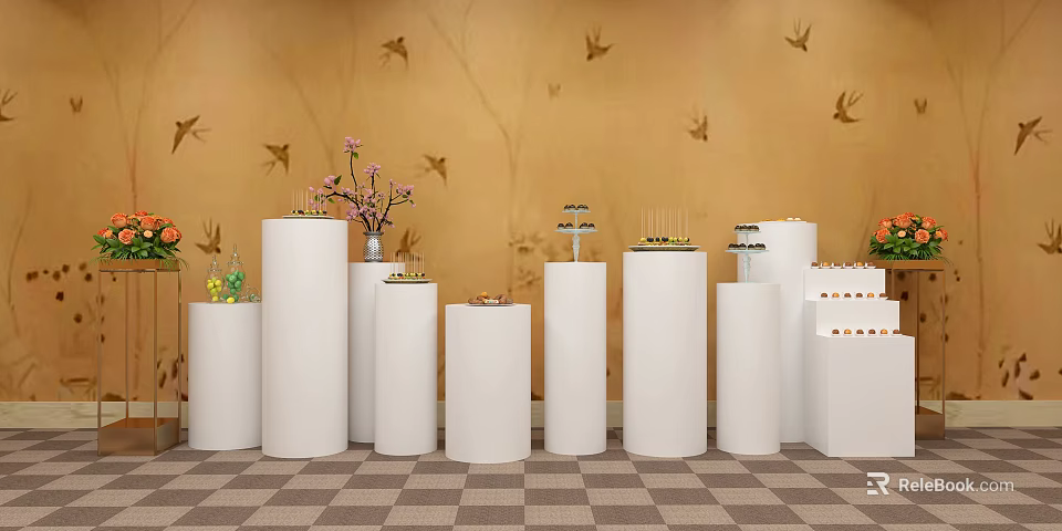 White Cylindrical Dining Tables With Vase Cake Candles Yellow Wallpaper Bird Patterns Checkerboard Floor 3d model 