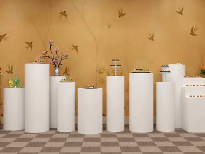 White Cylindrical Dining Tables With Vase Cake Candles Yellow Wallpaper Bird Patterns Checkerboard Floor 3d model