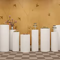 White Cylindrical Dining Tables With Vase Cake Candles Yellow Wallpaper Bird Patterns Checkerboard Floor