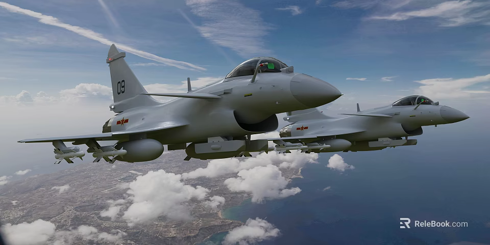 Two Military Fighter Jets Flying In Blue Sky With White Clouds Over Land And Ocean 3d model 