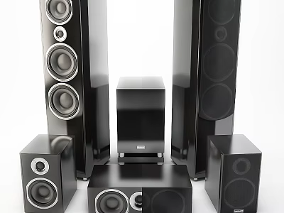 Premium Home Theater Surround Sound Speaker System With Floor Standing Towers Subwoofer And Bookshelf Speakers 3d model
