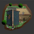 Cartoon Scene of Whimsical Cottage with Blue Thatched Roof Wooden Ladder Green Trees and Stone Chimney